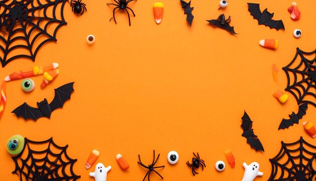 Bright orange background decorated with festive Halloween border of black bats spiders webs candy corn eyeballs and ghost figures arranged around edges leaving center empty for seasonal design