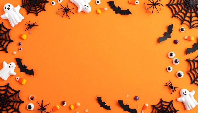 Bright orange background decorated with festive Halloween border of black bats spiders webs candy corn eyeballs and ghost figures arranged around edges leaving center empty for seasonal design