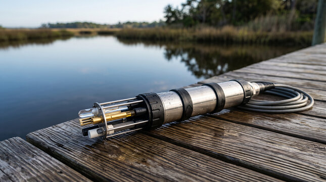 Water quality monitoring probe and multiparameter data sonde lying on a wooden pier next to a lake with environmental equipment research ecological pollution analysis parameter limnology