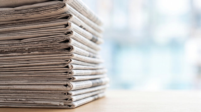 Stack of old newspapers on a table in a bright room during the day