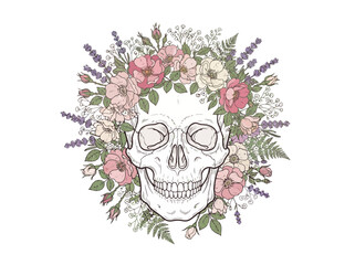 Fototapeta premium Human skull surrounded by a vibrant floral wreath of colorful flowers and green leaves.