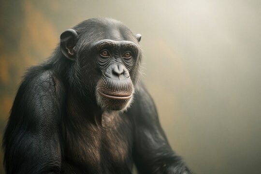 Bonobo ape sits in soft mist. This wise primate has thoughtful eyes and a calm expression. Its dark fur shows texture, appearing ancient and serene in this atmospheric portrait.