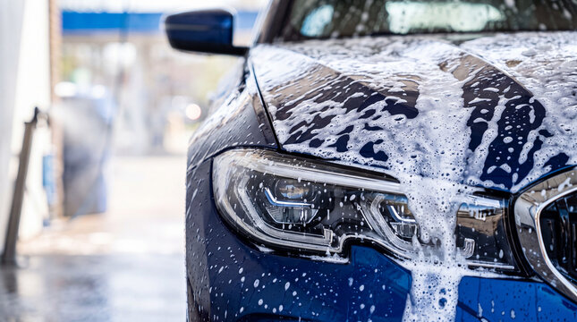 Car getting washed at a car wash with soap and water on its surface in a bright daytime setting