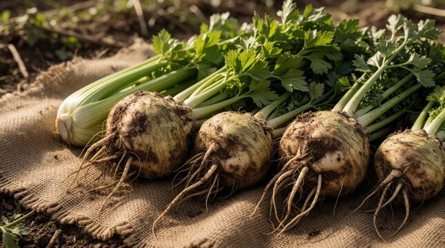 Fresh celeriac roots and celery stalks with green leaves lie on rough burlap. Vegetables just harvested from farm soil, ready for cooking healthy meals. Natural food.
