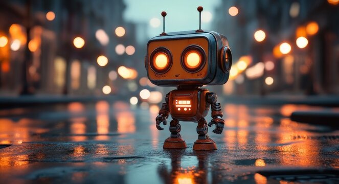 small retro robot standing on wet city street at dusk with glowing orange eyes, reflective puddles, bokeh lights and a curious lonely expression