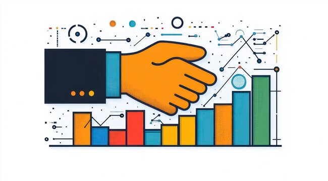 large stylized handshake hovering over colorful ascending bar chart with data lines, dots and abstract tech elements conveying partnership, growth and confident success