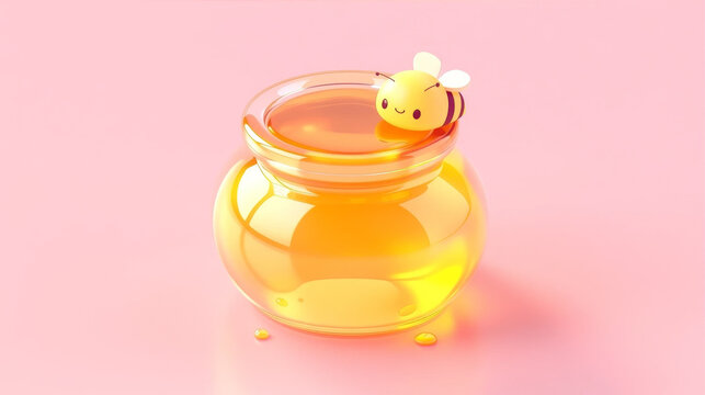 Cute 3D cartoon bee sitting on a glass jar of golden honey against a pink background