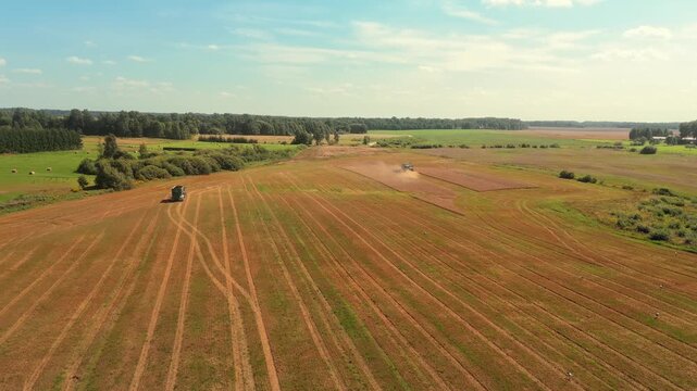 Wheat harvesting process in a vast agricultural field with machinery working on golden crops under a clear blue sky, showcasing the continuous action of threshing