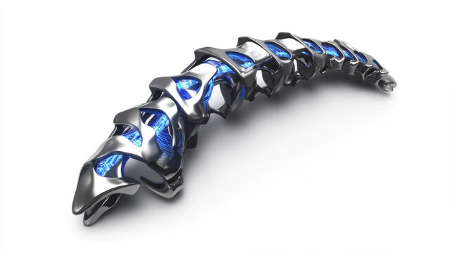 Futuristic chrome mechanical spine with glowing blue energy core isolated on white background