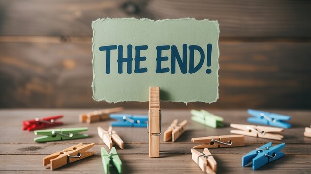 Green paper note featuring handwritten text saying the end held by wooden clip on dark rustic brown wooden tabletop surface