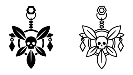 Fototapeta premium Gothic Skull Chandelier Icon: A stylized gothic chandelier featuring a skull at its center, surrounded by ornate leaf-like elements and diamond-shaped charms.