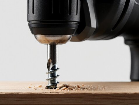 Electric drill bit screws metal fastener into wood plank. Sawdust flies as power tool creates hole, builds furniture or fixes home structures.