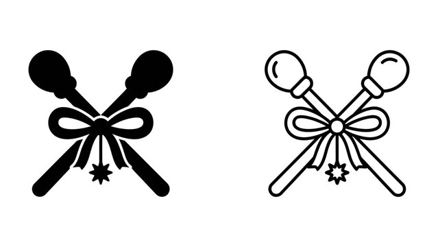 Rhythmic percussion: Two crossed maracas adorned with a festive ribbon and a star charm, presented in both solid black and outline styles, ready for musical inspiration.