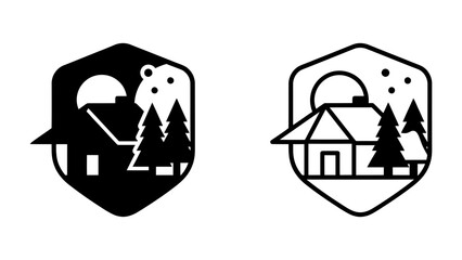 Fototapeta premium Forest Cabin Emblem: Two stylized emblems depict a rustic cabin nestled among pine trees under a moonlit sky, representing a serene wilderness retreat.