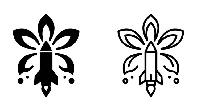 Rocket Flower Symbol: Two stylized graphic icons feature a rocket ship integrated with a blooming flower, representing innovation, growth, and progress.