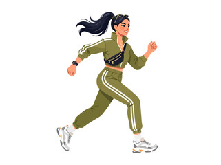 Fototapeta premium A young woman jogging in a green tracksuit with a ponytail.