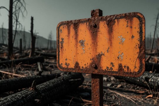 Rusty, blank sign stands in desolate, burnt landscape with dead trees. Symbolizes environmental damage, loss, and a warning about future climate impact.
