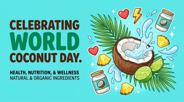Tropical graphic for World Coconut Day featuring halved coconut, pineapple slices, and palm foliage for healthy lifestyle promotion