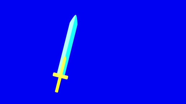 Animated cartoon sword slicing through a piece of cake against a solid blue background with floating vertically against sword moving horizontally video stylized cartoon vibrant blue backdrop slice