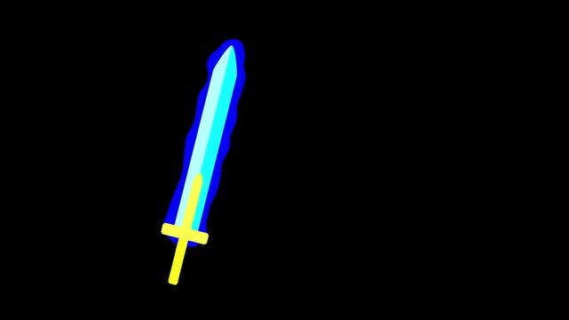 Animated blue glowing sword swinging through air against solid black background graphic resource design with dimensional animation style simple two dimensional video stylized blue minimalist blade