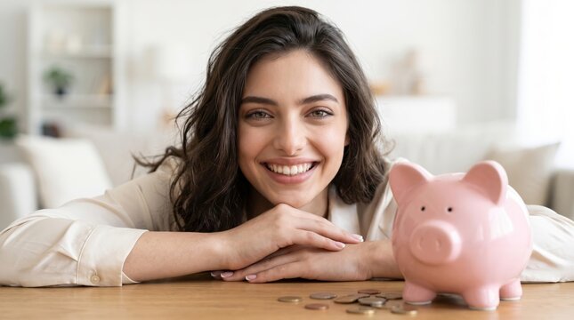 Happy woman saving money with piggy bank in home setting
