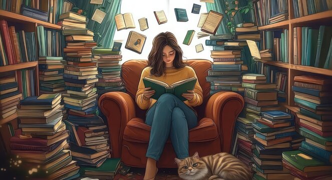 person reading in a cozy armchair surrounded by towering stacks of books and floating books, a relaxed cat at their feet in a warm sunlit library, feeling wonder and calm