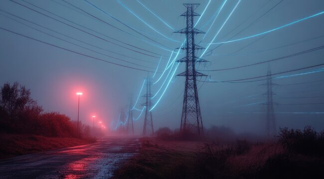 Foggy night with towering electricity pylons and glowing blue light trails over a wet road reflecting red streetlights, eerie and moody futuristic atmosphere