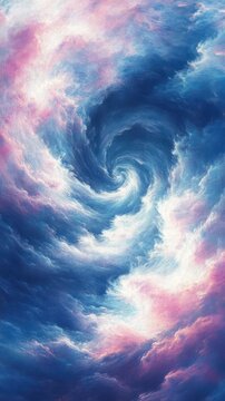 swirling pastel cloud vortex in blue and pink sky, ethereal and turbulent spiral conveying dreamy motion and deep depth