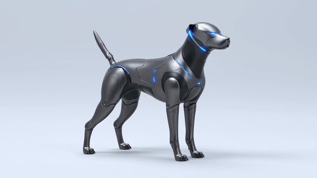 Tracking shot of robotic dog standing and slowly turning head on white studio backdrop with blue led accents