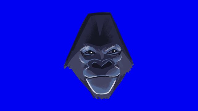Animated stylized gorilla head facing forward against vibrant blue background digital illustration loop with animation repeating against video displays stylized digital art style expression animal