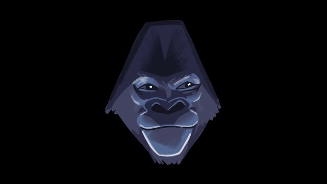 Three identical stylized gorilla faces floating against a deep black background in digital artwork with repeating digital illustration video displays three composition expression minimalist mouth