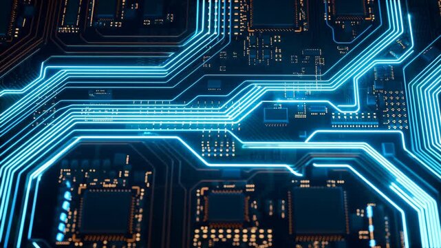 Tracking shot of illuminated circuit board with glowing data flow traveling across motherboard traces in close up inside electronic lab environment