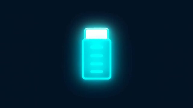 Slow motion zoom of battery icon charging and filling with neon glow on dark digital interface screen