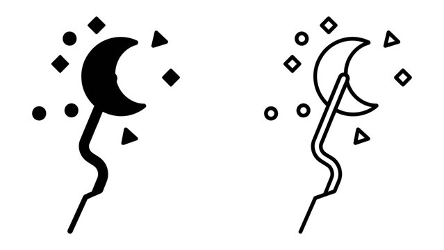 Crescent Moon Staff with Stars and Shapes: A mystical crescent moon icon with celestial stars and geometric shapes, presented in both silhouette and outline versions.