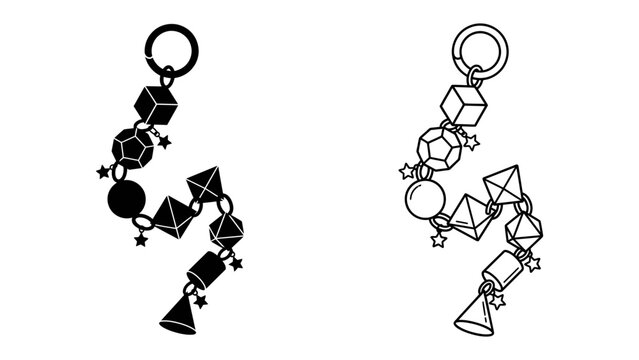 Polyhedral Dice Charm Collection: A graphic representation of various polyhedral dice and geometric shapes strung together as a charm or pendant, perfect for hobbyists and collectors.