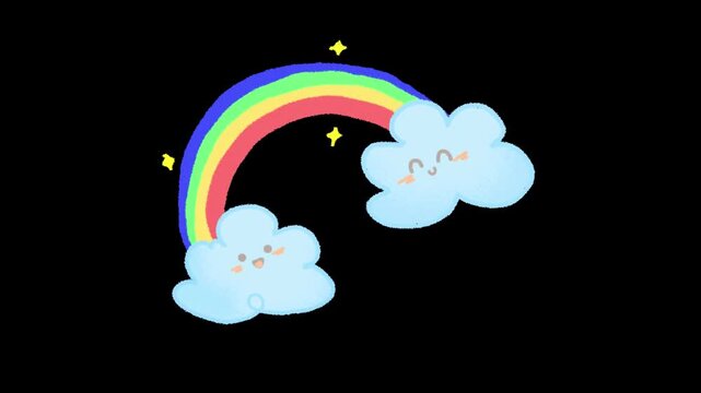 Three animated rainbows with smiling cartoon clouds floating against a solid black background with rainbow illustrations featuring clouds shimmering yellow displays three distinct video displays