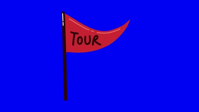 Animated red triangular flags featuring tour text isolated on bright blue chroma key background with waving against solid blue screen background video three cartoon written them waving destination