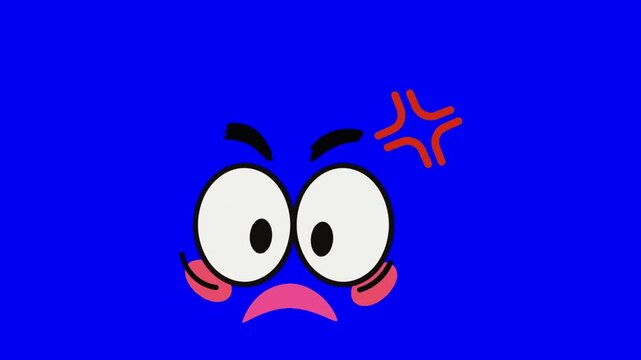 Cartoon angry faces with furrowed brows and red anger symbols on vibrant blue background with video displays repeating pattern animated cartoon faces featuring wide eyes frowning mouths pulsing flat