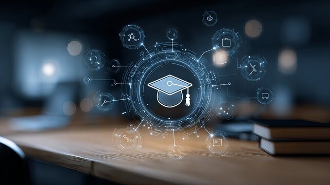 Glowing digital graduation cap icon connects to various holographic study symbols representing modern online education platforms for global virtual learning