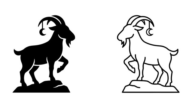 Goat Silhouette and Outline: A powerful goat, depicted in both a bold black silhouette and a clean white outline, stands proudly on a rocky perch, showcasing its majestic horns and resolute stance.