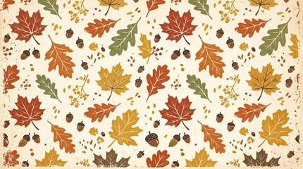 Fototapeta premium Seamless autumn pattern with colorful fall leaves and acorns