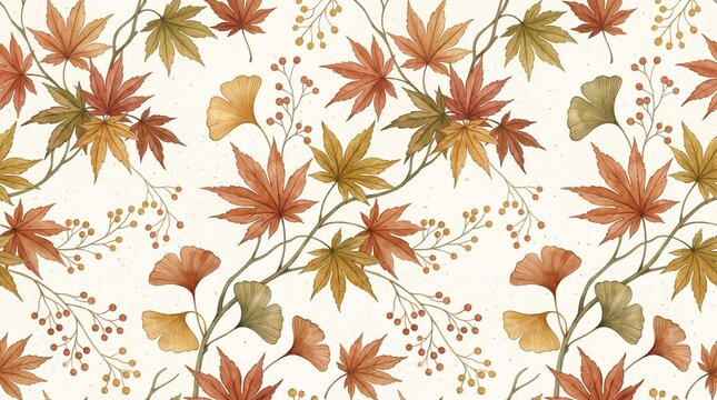 Seamless pattern with autumn maple leaves and ginkgo biloba leaves on a white background