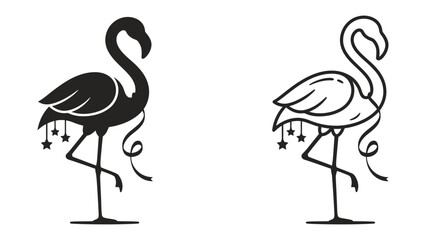 Obraz premium Flamingo Silhouette and Outline: Two stylized flamingo graphics, one solid black silhouette and one black and white outline, both depict the elegant bird standing on one leg.