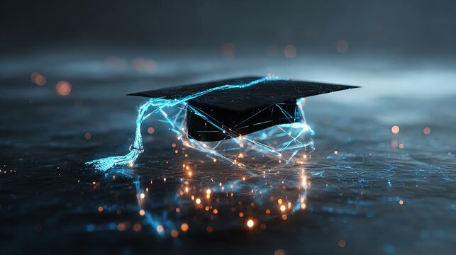 Graduation cap rendered in glowing blue digital light featuring intricate web patterns and sharp geometric lines against a dark surface