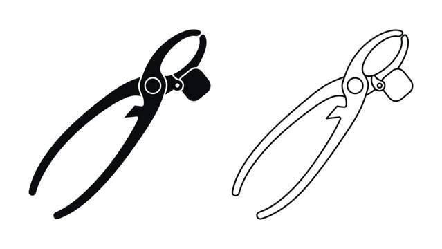 Nutcracker Set: A solid black silhouette and a clean outline drawing of a nutcracker tool, designed for cracking nuts.
