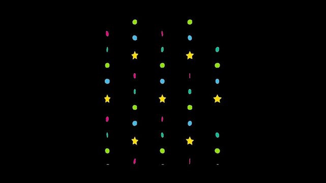 Minimalist geometric pattern animation featuring colorful dots and rotating golden stars on black background with rotate rhythmically against pattern multicolored small video displays repeating art