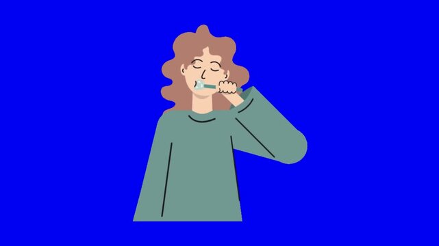 Woman brushing teeth routine animation three stages flat illustration against bright blue background with against solid vibrant wavy hair brushing video flat design toothbrush minimalist wellness