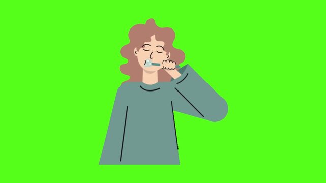 Woman brushing teeth routine animation three variations flat vector style isolated green screen background with distinct poses presented animation against solid video woman self care illustration