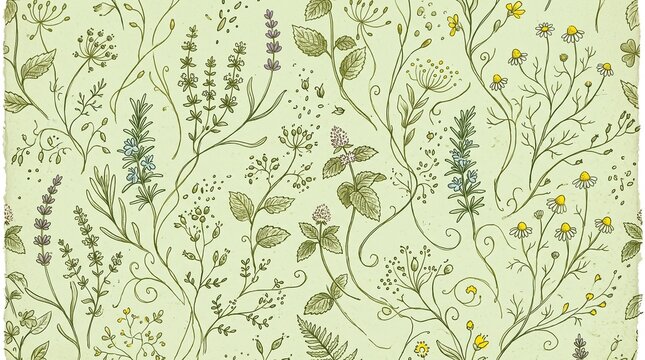 Seamless pattern with handdrawn botanical herbs and wildflowers on a light green background