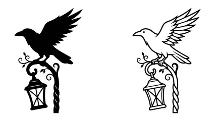 Fototapeta premium Silhouette and Outline of a Crow on a Lantern Post